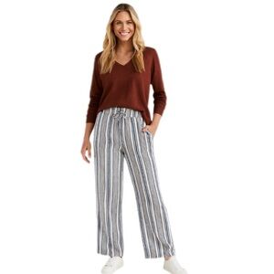 Per Se Striped Linen Blend Pull On Straight Leg Pants Blue Tan and White Size M